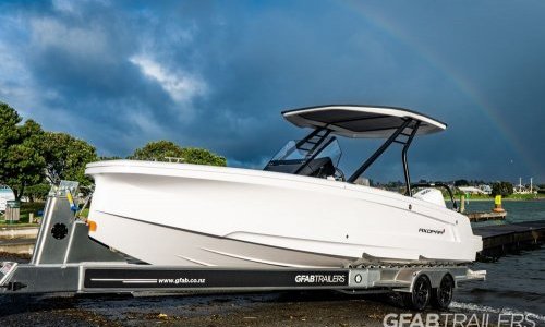 Axopar on roller-bunked tandem GFAB Trailer