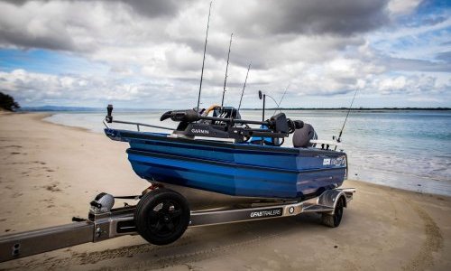 GFAB Alloy Small Boat Trailer - Side View, Stabicraft 1450 with pull-out drawbar beach launching